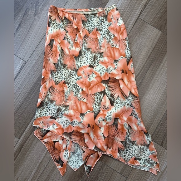 Vintage Flowy Cheetah Tropical Leaf Print Skirt Orange Cream Black - Picture 3 of 10